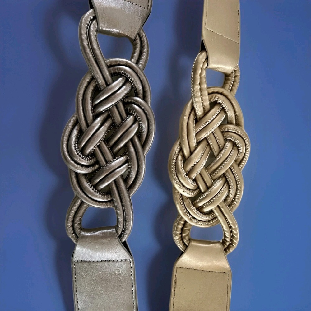 2 VTG Knotted Macrame Rope Braided Belt Gold Silver Stretch Waist Bling EUC